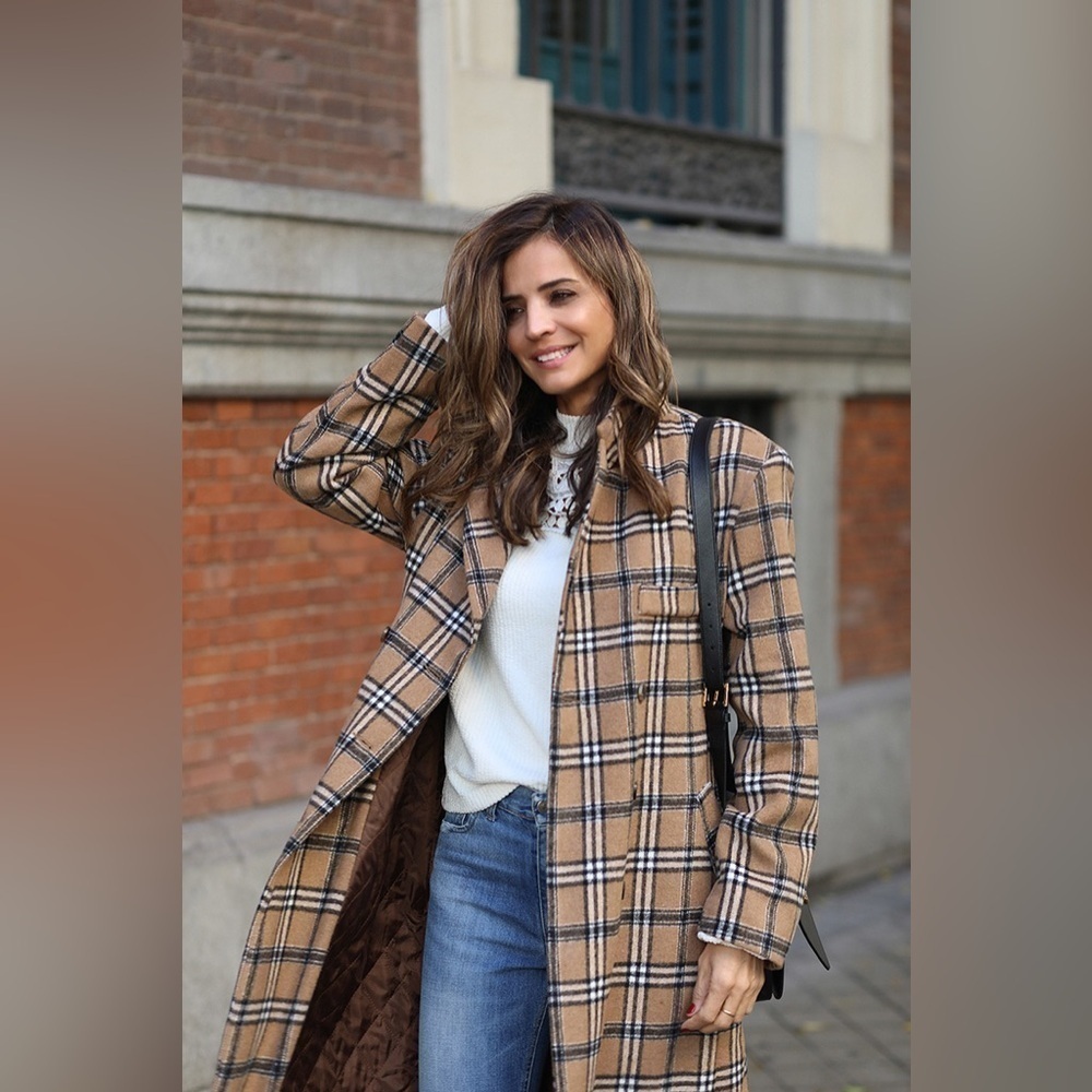 Storets Plaid Check Trench Coat in Beige and White